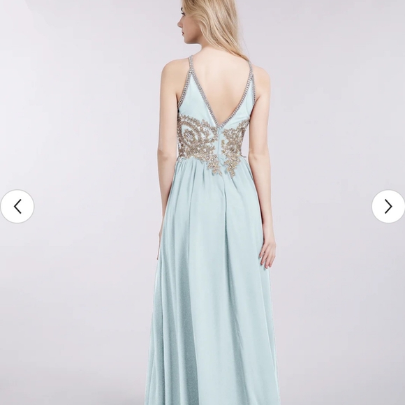 Barbaroni Halter Chiffon with Gold Dress in Mist, Size 8 - Picture 2 of 4